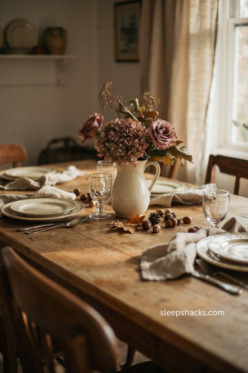 Thanksgiving centerpiece ideas with faded flowers and scattered acorns