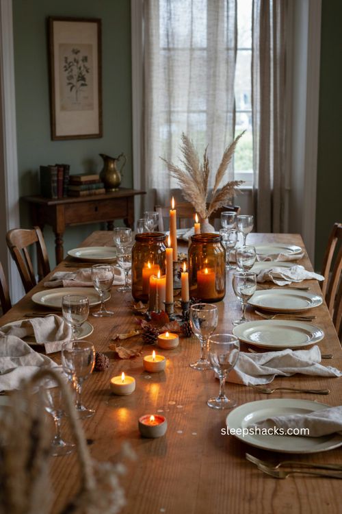 Thanksgiving centerpiece ideas with layered candles and amber hurricane jars