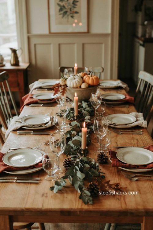 Thanksgiving centerpiece ideas with low garland candles and pumpkins