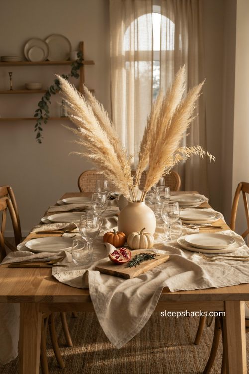 Thanksgiving centerpiece ideas with pampas grass and neutral pumpkin shaped vase