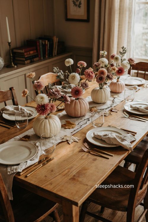 Thanksgiving centerpiece ideas with pink pumpkin vases and fresh flowers