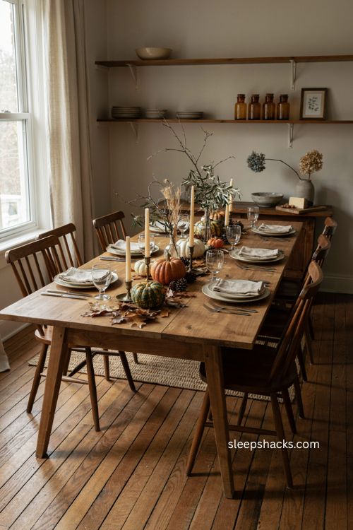 Thanksgiving centerpiece ideas with pumpkins candles and autumn branches