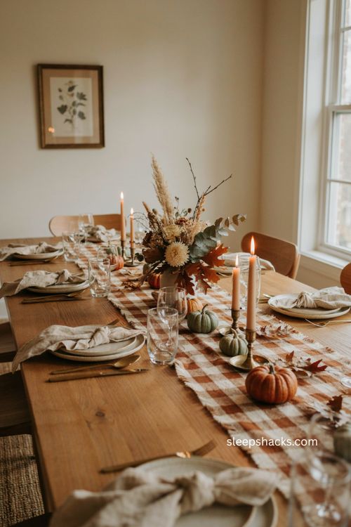Thanksgiving centerpiece ideas with rust and cream plaid table runner