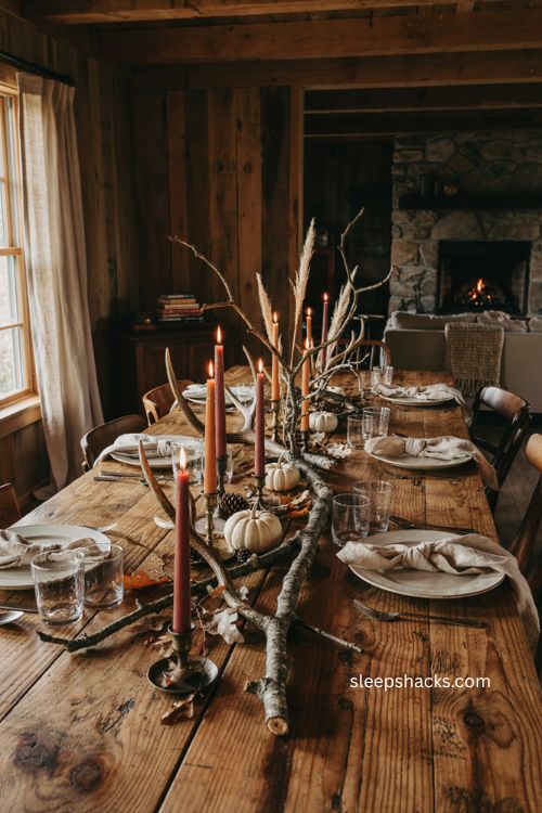 Thanksgiving centerpiece ideas with rustic branches faux antlers and amber candles