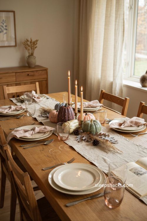 Thanksgiving centerpiece ideas with splatter painted plum sage and blush pumpkins