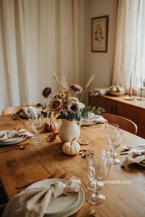 Thanksgiving centerpiece ideas with textured foliage dried grasses and wheat