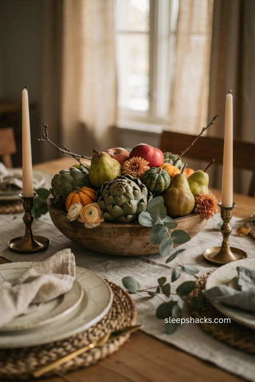 Thanksgiving centerpiece with artichokes pears apples gourds and greenery 