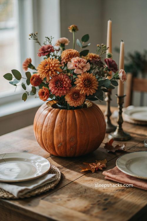 Thanksgiving centerpiece with pumpkin vase and warm fall flowers 