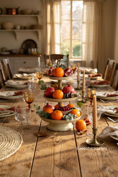 Thanksgiving centerpiece with tiered stand oranges pomegranates and eucalyptus 