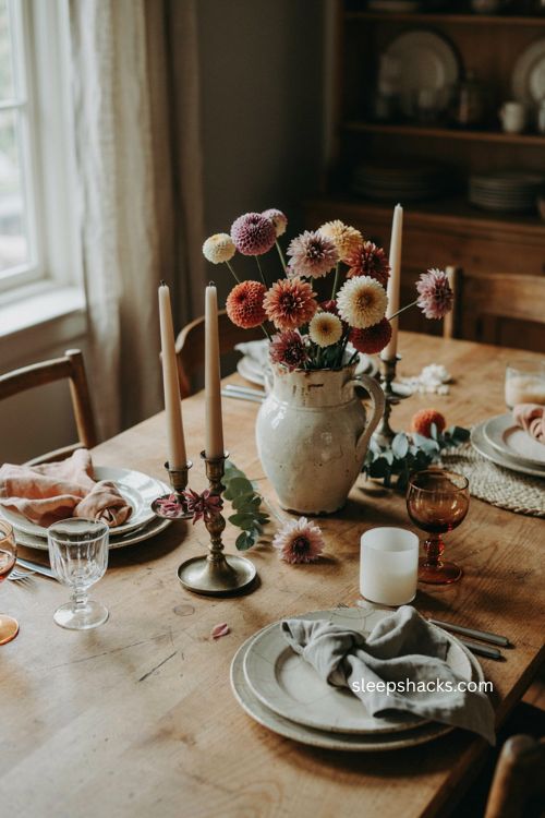 Thanksgiving centerpiece with vintage pitcher mums dahlias and rustic table decor 