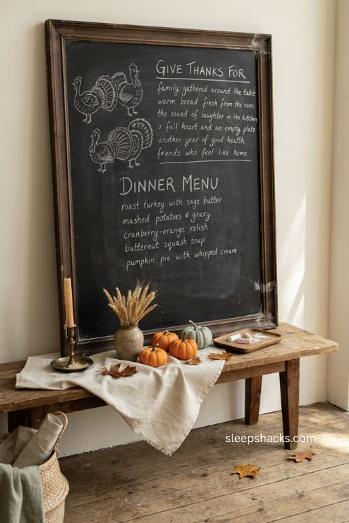 Thanksgiving chalkboard ideas with rustic farmhouse decor and cozy fall entryway 