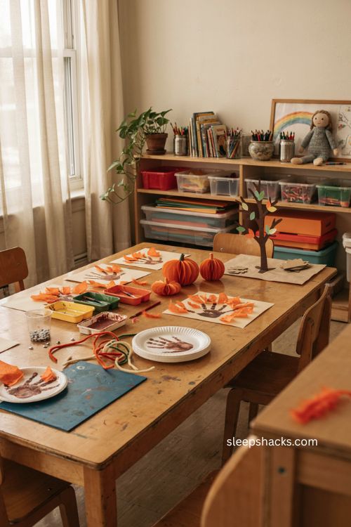 Thanksgiving crafts for toddlers daycare classroom with handprint turkeys and autumn craft supplies 