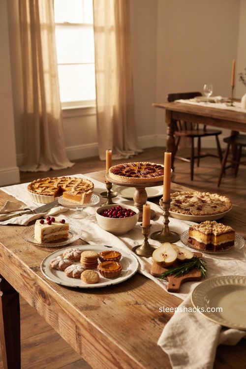 Thanksgiving dessert table with pies and vintage serving pieces 