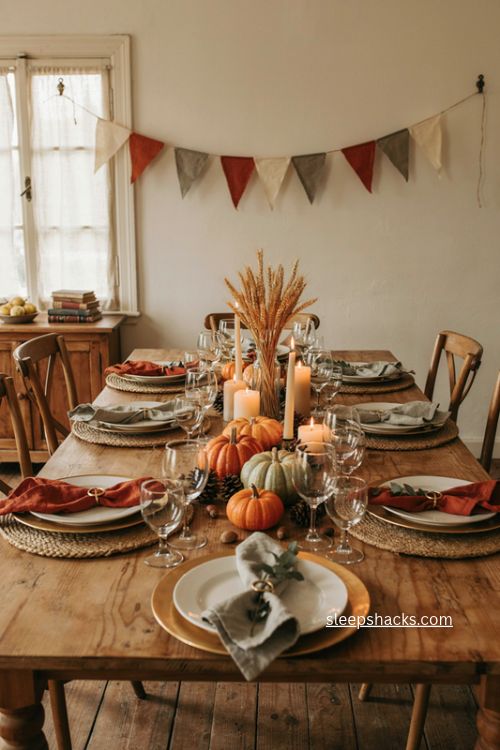 Thanksgiving dining table with rustic banner backdrop and fall decor 