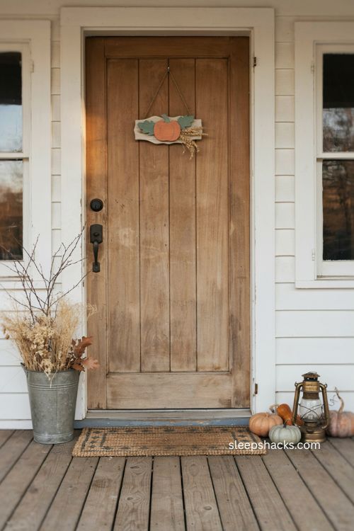 Thanksgiving door hanger with rustic farmhouse front porch and subtle fall decor 