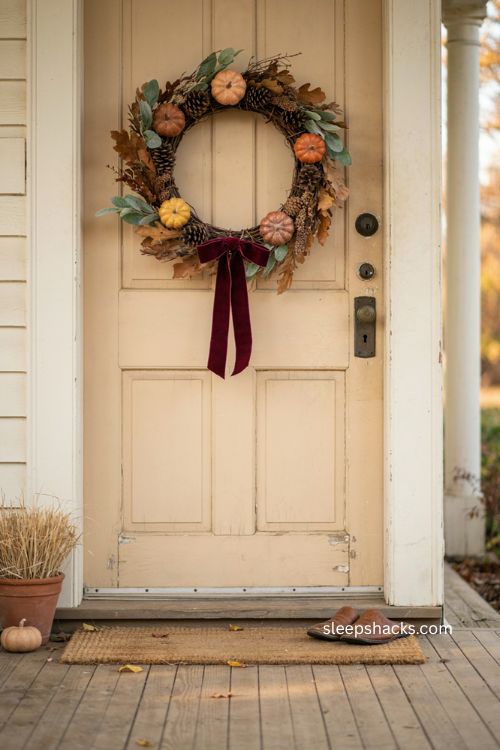 Thanksgiving door wreath with pumpkins pinecones greenery and velvet ribbon 