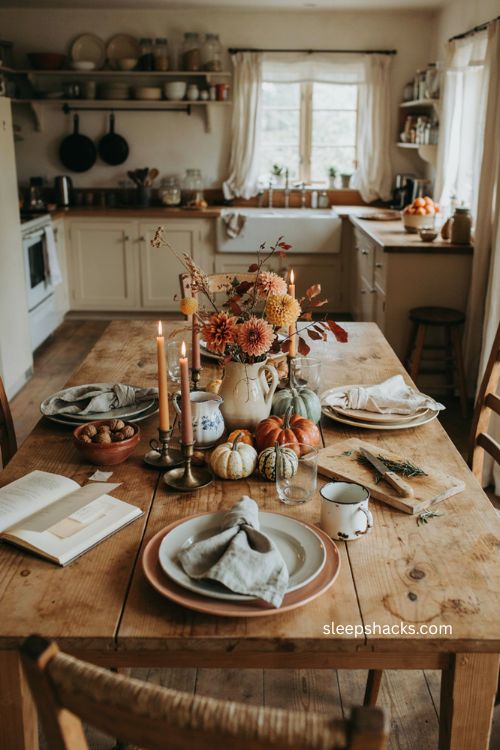 Thanksgiving flower centerpiece with rustic farmhouse flowers gourds candles and autumn kitchen table decor 