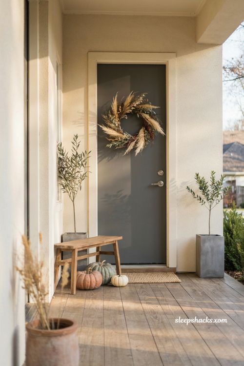 Thanksgiving front porch decor ideas with an airy sculptural wreath

