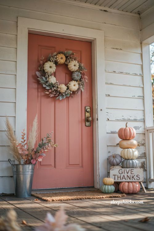 Thanksgiving front porch decor ideas with coral door pastel pumpkins and white wreath
