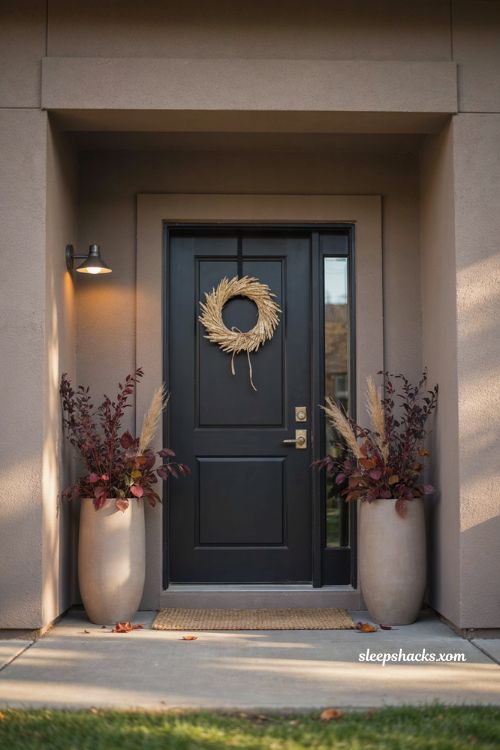 Thanksgiving front porch decor ideas with dark door berry foliage and wheat wreath
