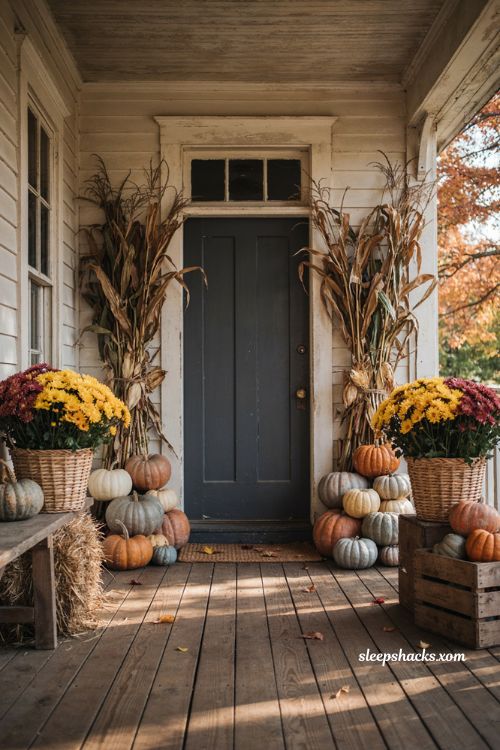 Thanksgiving front porch decor ideas with farmhouse pumpkins mums and cornstalks
