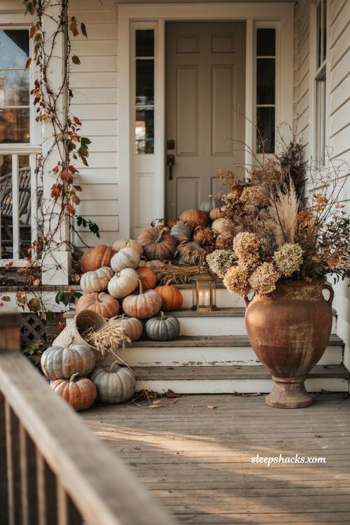Thanksgiving front porch decor ideas with harvest pumpkins and dried florals
