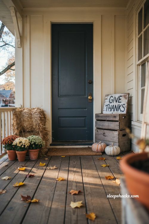 Thanksgiving front porch decor ideas with hay bale wooden crates mums and fall sign
