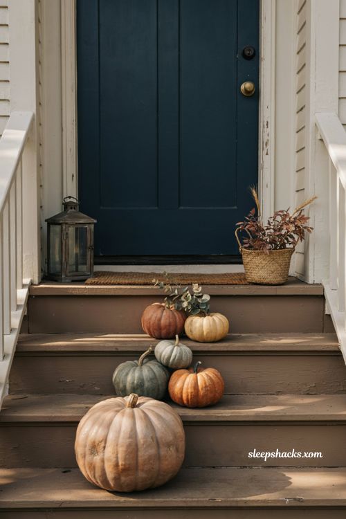 Thanksgiving front porch decor ideas with heirloom pumpkins

