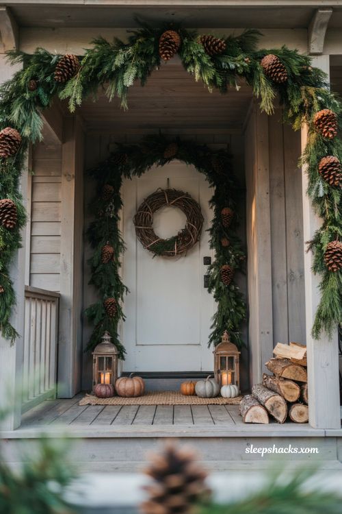 Thanksgiving front porch decor ideas with oversized pinecones garland and lanterns
