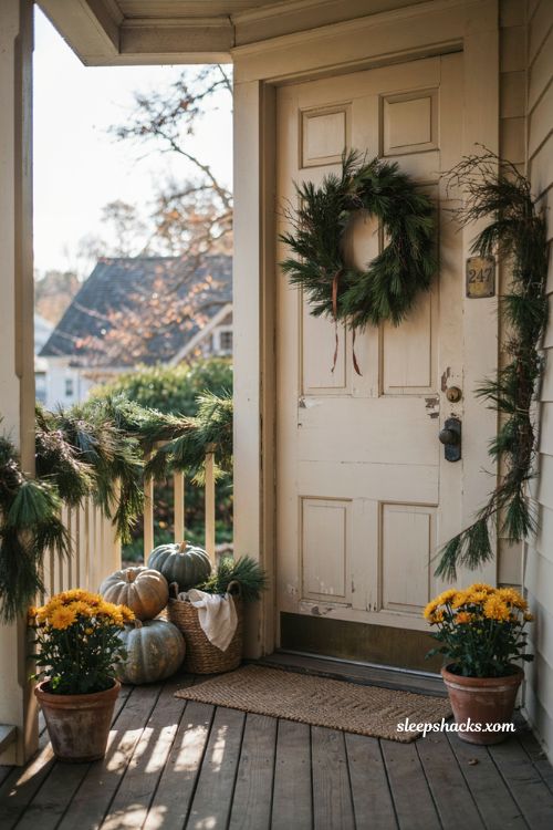 Thanksgiving front porch decor ideas with pine and evergreen

