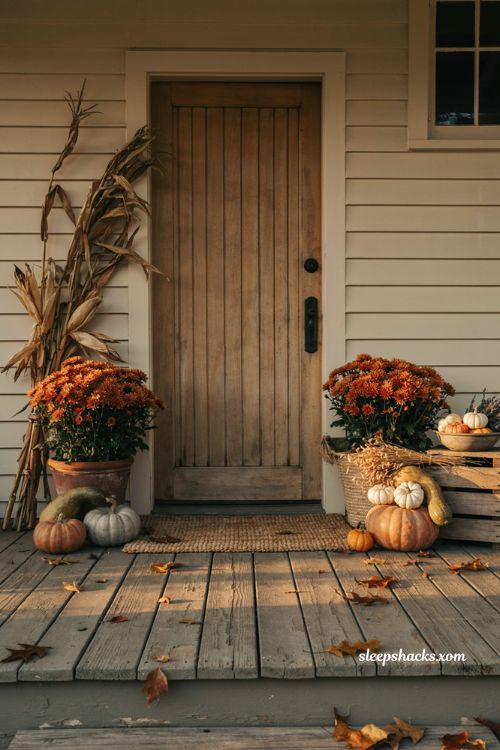 Thanksgiving front porch decor ideas with terra cotta pots baskets mums and pumpkins
