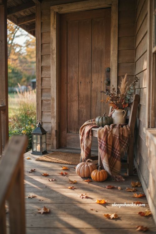 Thanksgiving front porch decor ideas with vintage bench plaid throw and pumpkins
