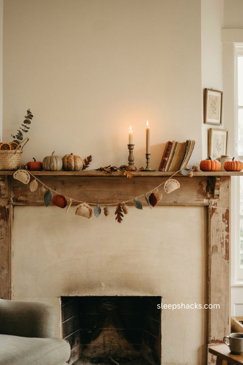 Thanksgiving garland on a cozy farmhouse fireplace mantel with felt pumpkins dried oranges and rustic fall decor
