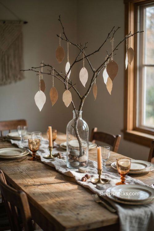 Thanksgiving gratitude tree centerpiece with bare branches acorns and paper leaves