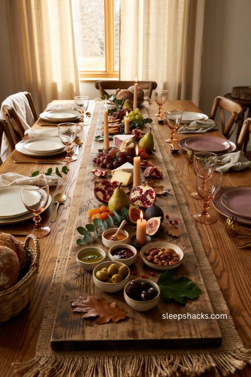 Thanksgiving grazing board centerpiece with pears figs and pomegranates