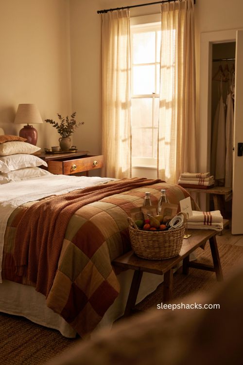 Thanksgiving guest bedroom welcome basket with fresh linens towels and cozy decor 