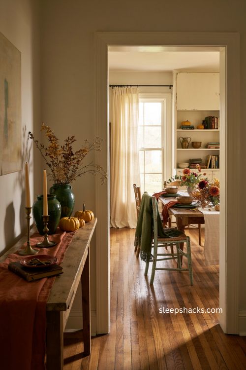 Thanksgiving home decor color palette with rust gold and deep green 