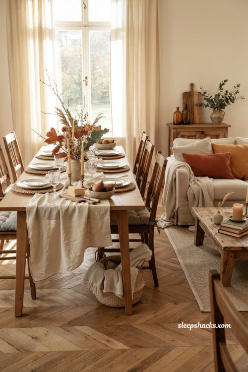 Thanksgiving home decor with warm rustic dining table and cozy autumn accents
