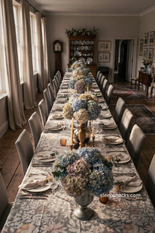 Thanksgiving hydrangea centerpiece with garden flowers pedestals gazing orbs and botanical tablecloth 