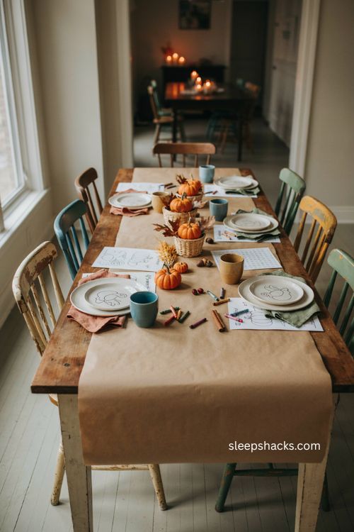 Thanksgiving kids table with butcher paper and crayons 
