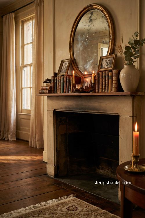 Thanksgiving mantel decor with antique mirror vintage books candles and gilt framed photos 