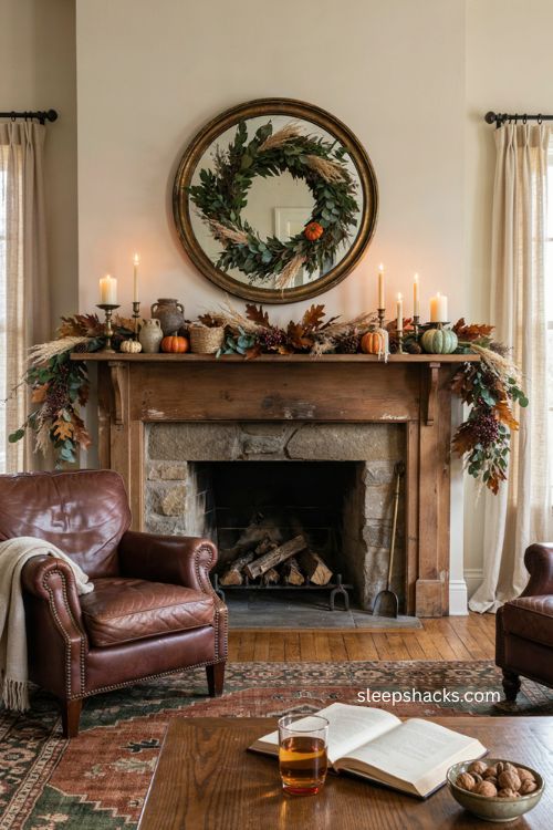 Thanksgiving mantel decor with autumn garland wreath and pillar candles