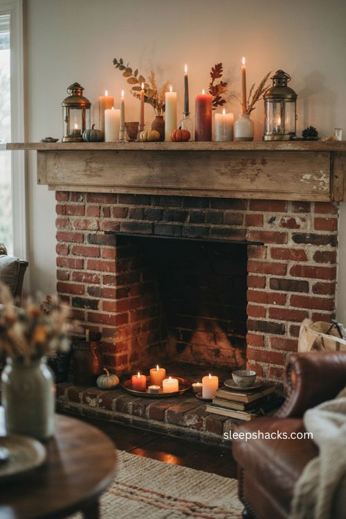 Thanksgiving mantel decor with cozy candlelight pillar candles lanterns and autumn accents 