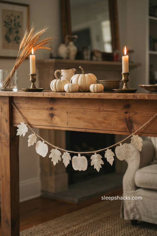 Thanksgiving mantel decor with diy burlap pumpkin leaf bunting banner jute twine and candles 
