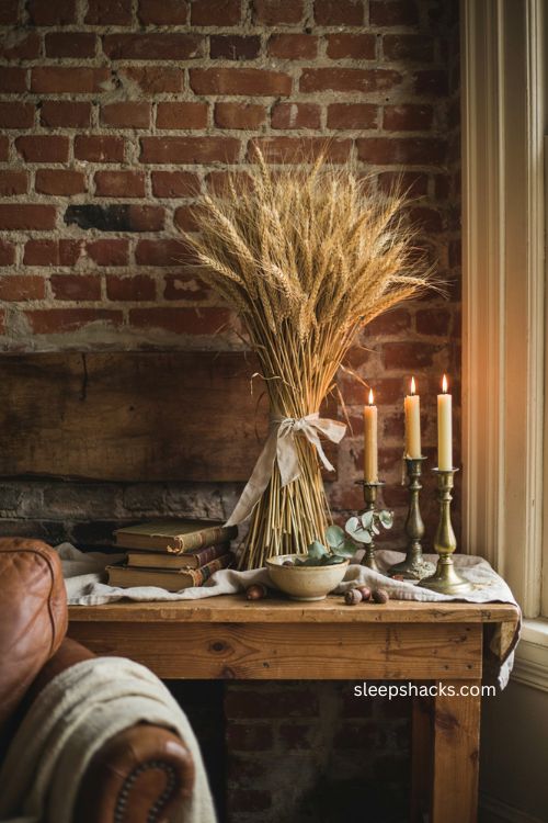 Thanksgiving mantel decor with dried wheat bundle vintage books brass candlesticks and harvest accents 
