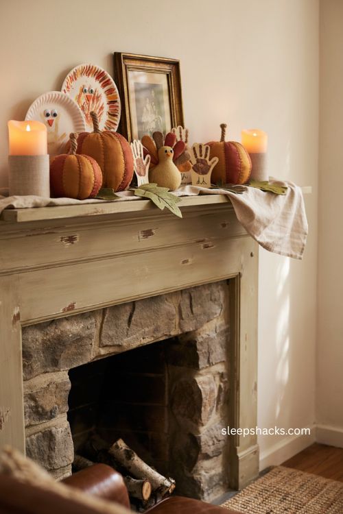 Thanksgiving mantel decor with fabric pumpkins felt leaves stuffed turkey and kids crafts 