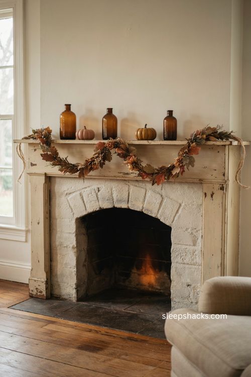 Thanksgiving mantel decor with faux flower garland amber glass bottles pumpkins and autumn leaves 