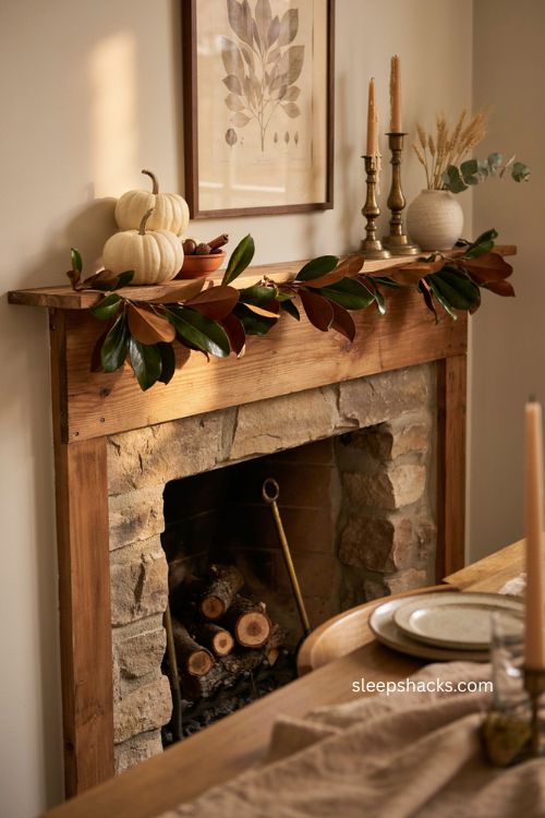 Thanksgiving mantel decor with magnolia leaf garland rust brown leaves cream pumpkins and brass accents 