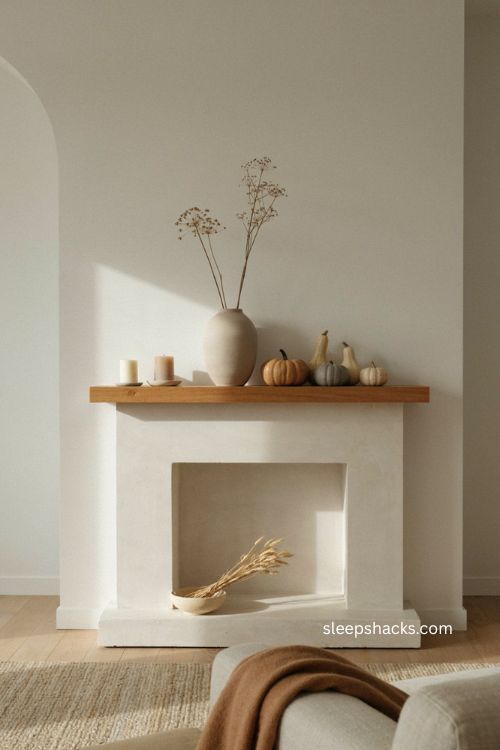 Thanksgiving mantel decor with neutral cream camel gray pumpkins dried branches and minimalist styling 