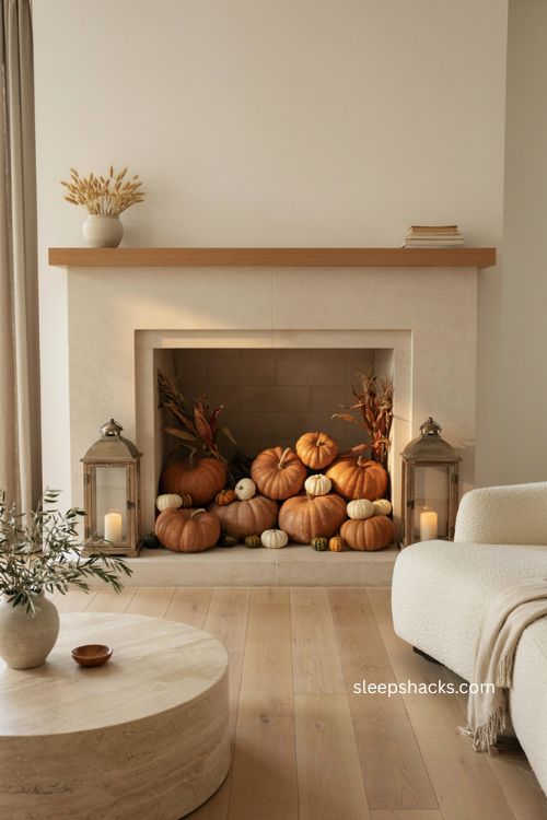 Thanksgiving mantel decor with pumpkins in the firebox white orange gourds and lanterns 